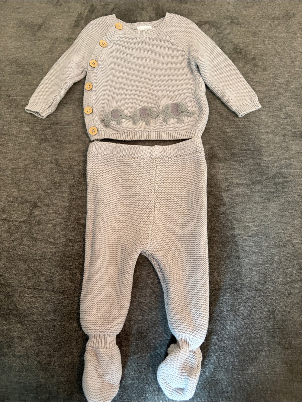 Soft Knit Baby Matching Set with Elephant Detail - Light Gray